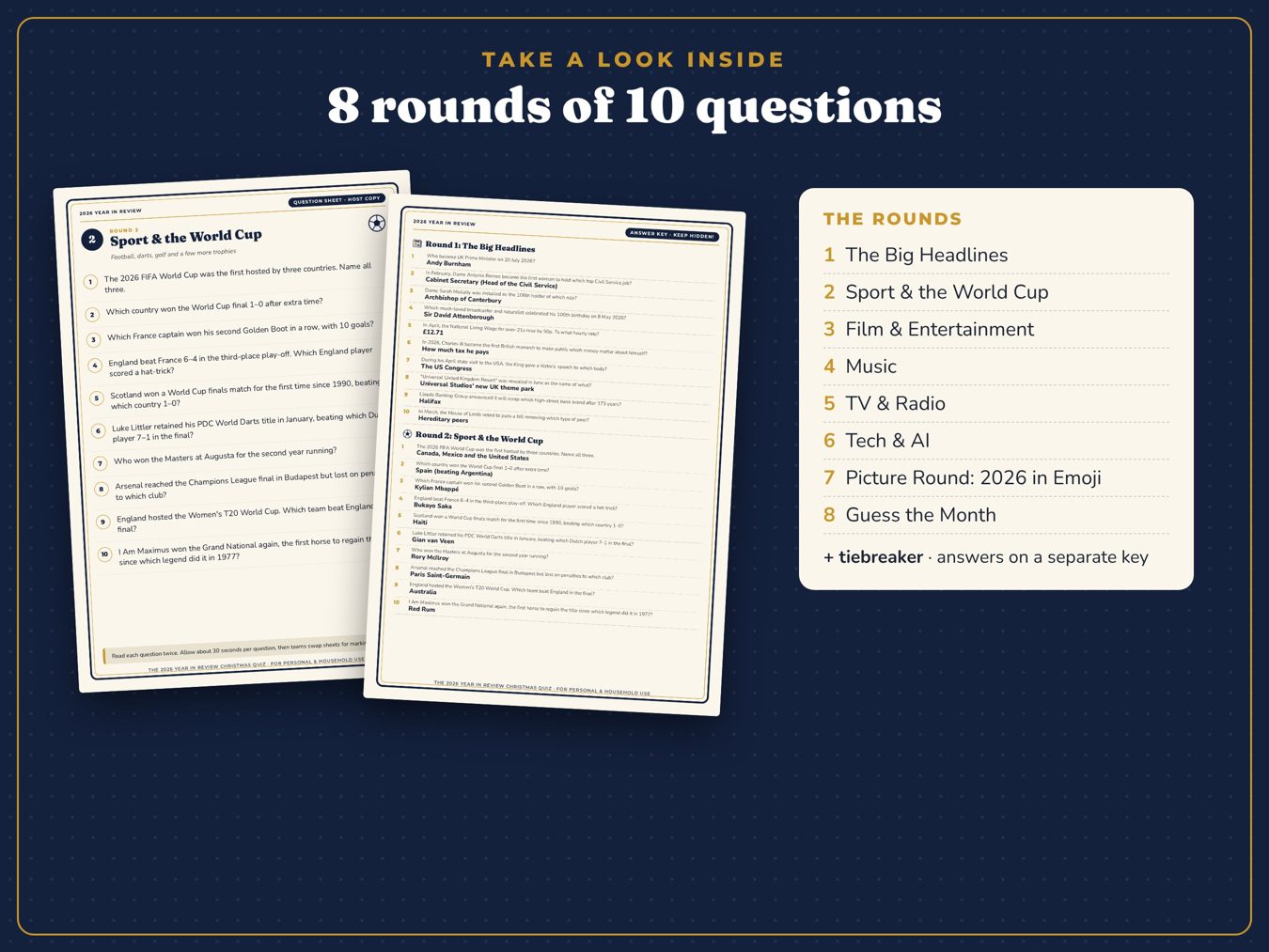 Inside pages of The 2026 Year in Review Christmas Quiz